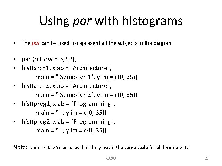 Using par with histograms • The par can be used to represent all the