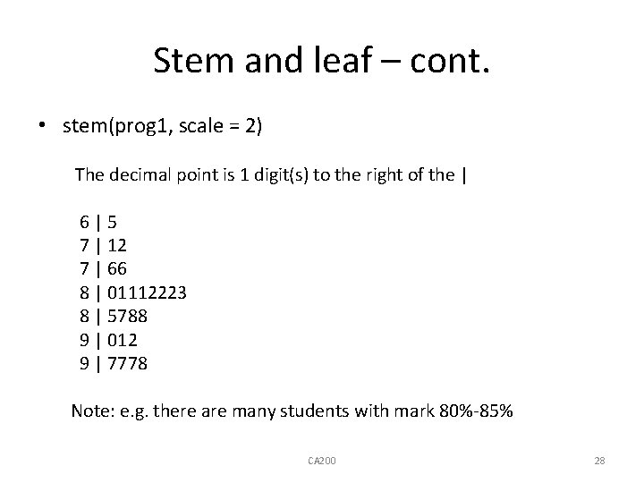 Stem and leaf – cont. • stem(prog 1, scale = 2) The decimal point
