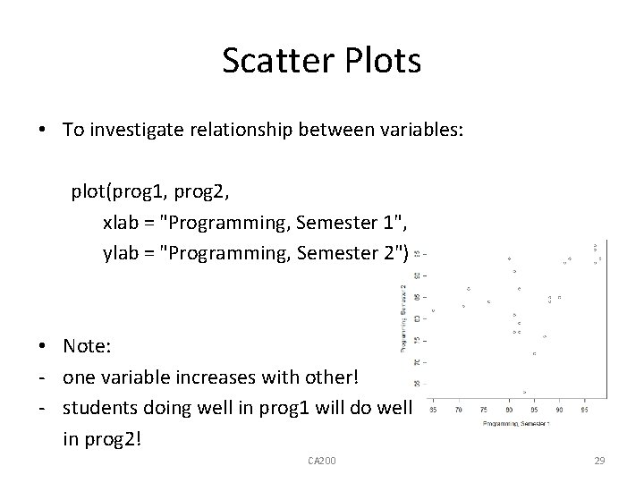 Scatter Plots • To investigate relationship between variables: plot(prog 1, prog 2, xlab =