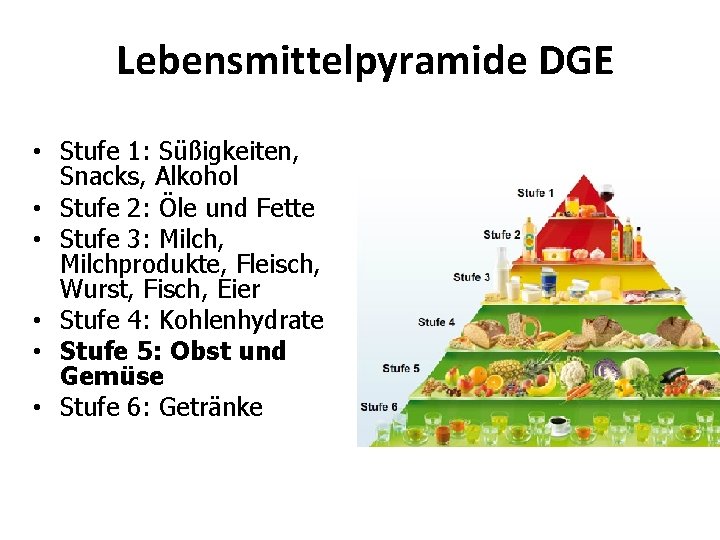 Lebensmittelpyramide DGE • Stufe 1: Süßigkeiten, Snacks, Alkohol • Stufe 2: Öle und Fette