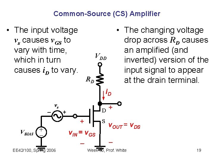 Common-Source (CS) Amplifier • The input voltage vs causes v. GS to vary with