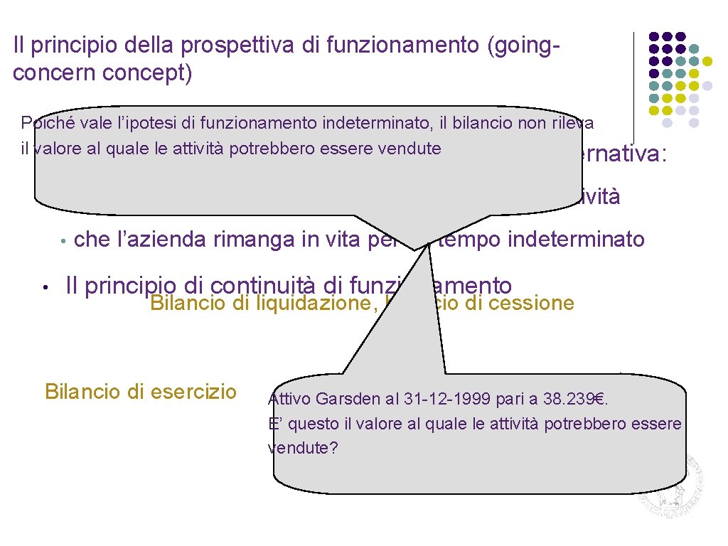 Il principio della prospettiva di funzionamento (goingconcern concept) Poiché vale l’ipotesi di funzionamento indeterminato,