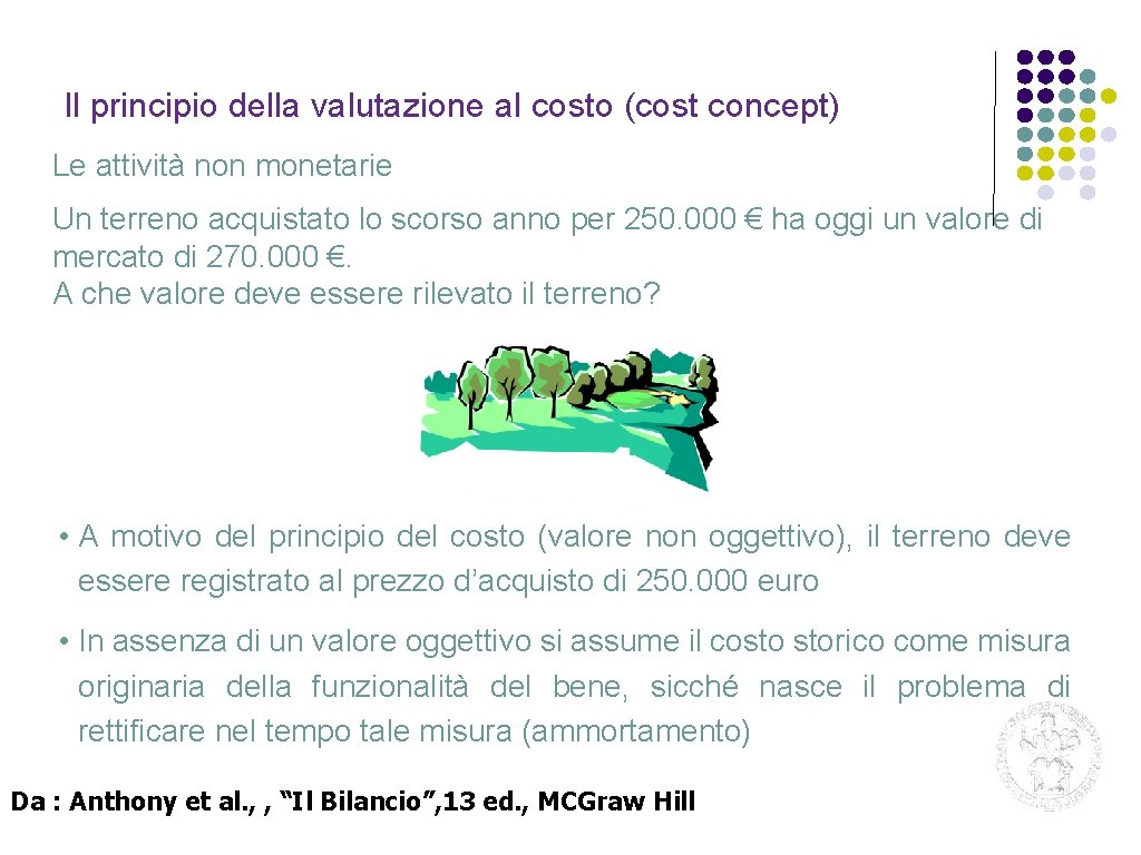 Il principio della valutazione al costo (cost concept) Le attività non monetarie Un terreno