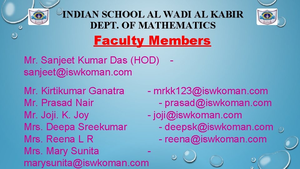 INDIAN SCHOOL AL WADI AL KABIR DEPT. OF MATHEMATICS Faculty Members Mr. Sanjeet Kumar