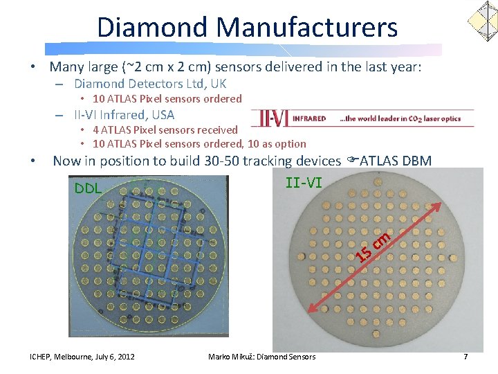 Diamond Manufacturers • Many large (~2 cm x 2 cm) sensors delivered in the
