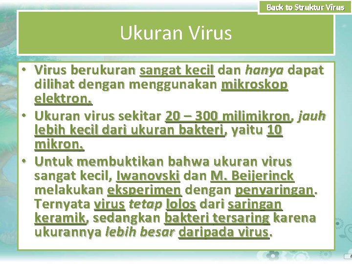 Back to Struktur Virus Ukuran Virus • Virus berukuran sangat kecil dan hanya dapat