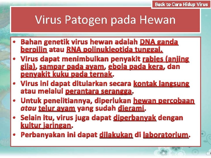 Back to Cara Hidup Virus Patogen pada Hewan • Bahan genetik virus hewan adalah