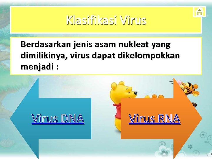 Klasifikasi Virus Berdasarkan jenis asam nukleat yang dimilikinya, virus dapat dikelompokkan menjadi : Virus