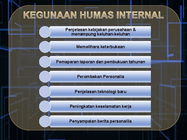 KEGUNAAN HUMAS INTERNAL Penjelasan kebijakan perusahaan & menampung keluhan-keluhan Memelihara keterbukaan Pemaparan laporan dan