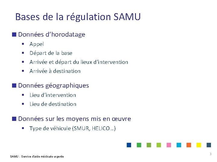 Bases de la régulation SAMU Données d’horodatage § § Appel Départ de la base