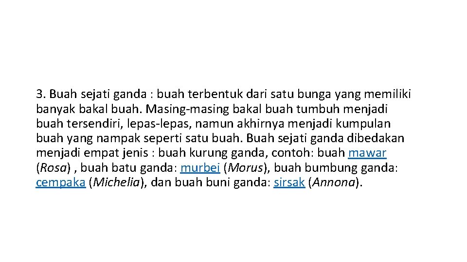3. Buah sejati ganda : buah terbentuk dari satu bunga yang memiliki banyak bakal