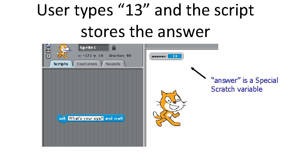 User types “ 13” and the script stores the answer “answer” is a Special User types “ 13” and the script stores the answer “answer” is a Special