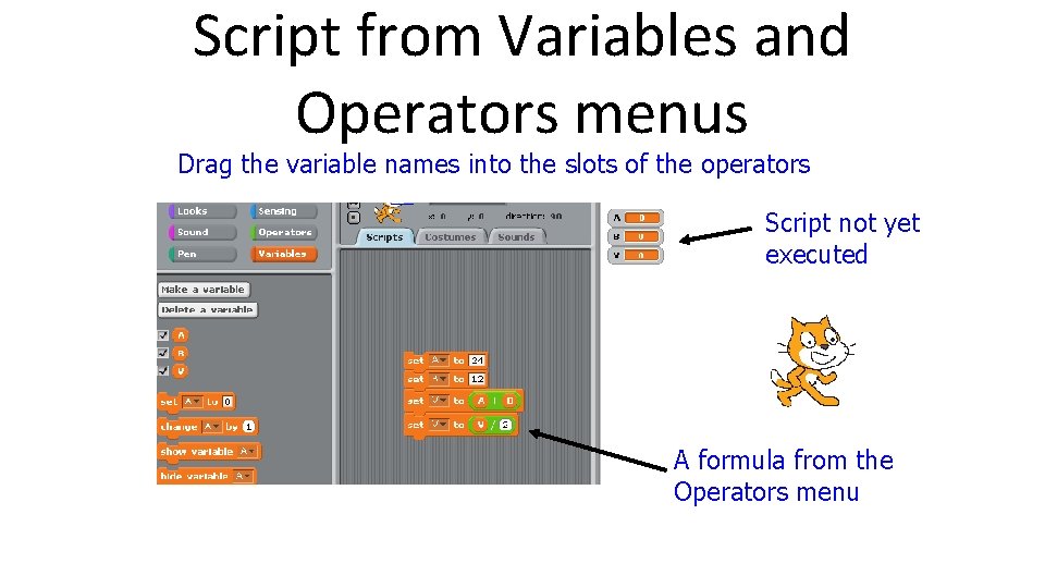 Script from Variables and Operators menus Drag the variable names into the slots of Script from Variables and Operators menus Drag the variable names into the slots of
