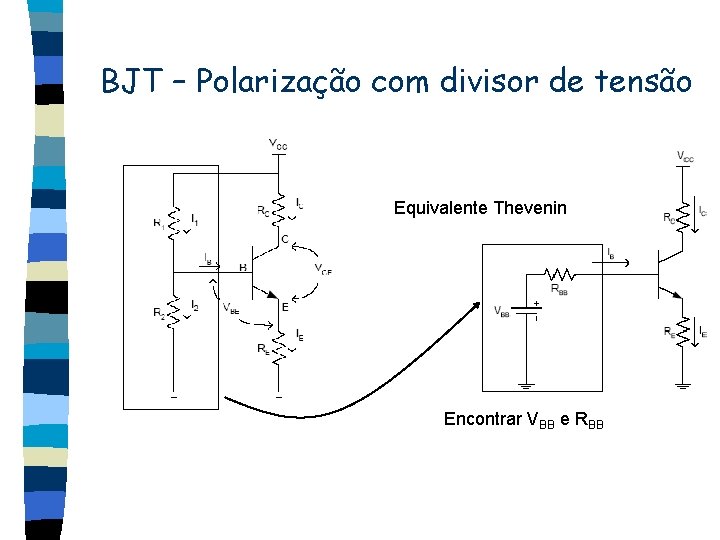 BJT – Polarização com divisor de tensão Equivalente Thevenin Encontrar VBB e RBB 