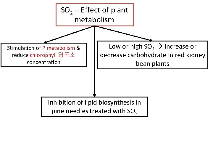 SO 2 – Effect of plant metabolism Stimulation of P metabolism & reduce chlorophyll SO 2 – Effect of plant metabolism Stimulation of P metabolism & reduce chlorophyll