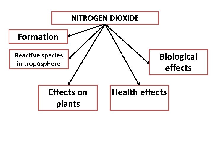 NITROGEN DIOXIDE Formation Reactive species in troposphere Effects on plants Biological effects Health effects