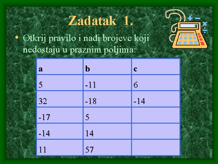 Zadatak 1. • Otkrij pravilo i nađi brojeve koji nedostaju u praznim poljima: a
