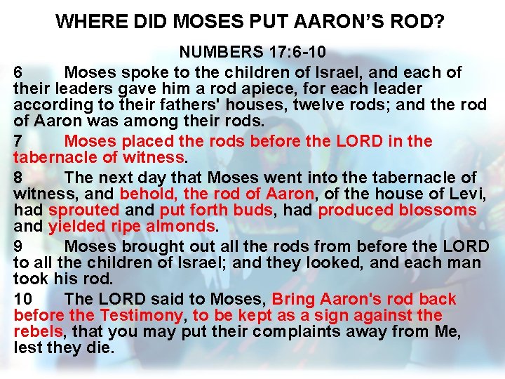 WHERE DID MOSES PUT AARON’S ROD? NUMBERS 17: 6 -10 6 Moses spoke to