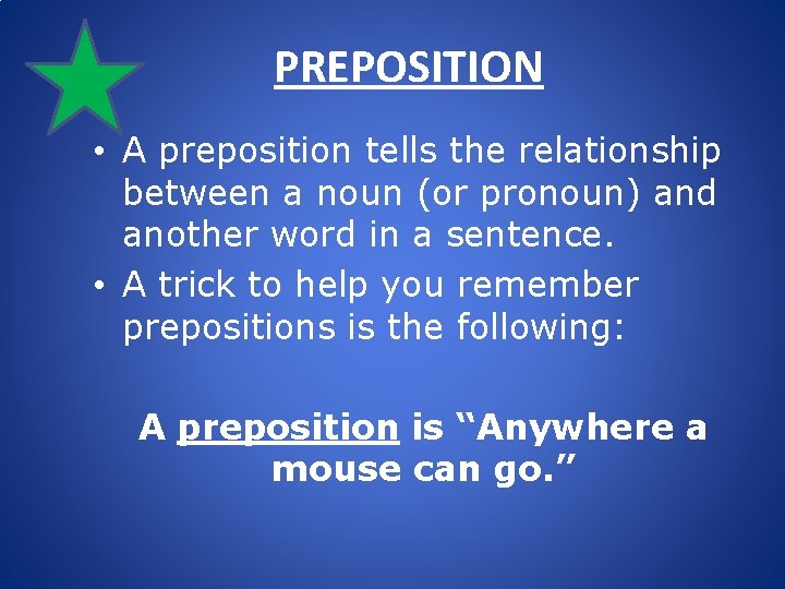 PREPOSITION • A preposition tells the relationship between a noun (or pronoun) and another