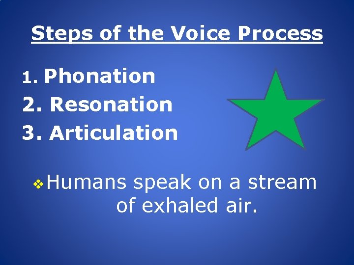 Steps of the Voice Process Phonation 2. Resonation 3. Articulation 1. v Humans speak