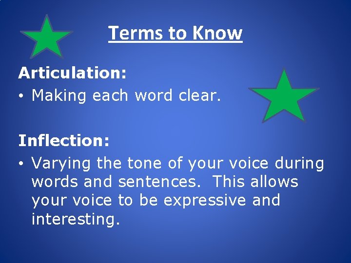 Terms to Know Articulation: • Making each word clear. Inflection: • Varying the tone