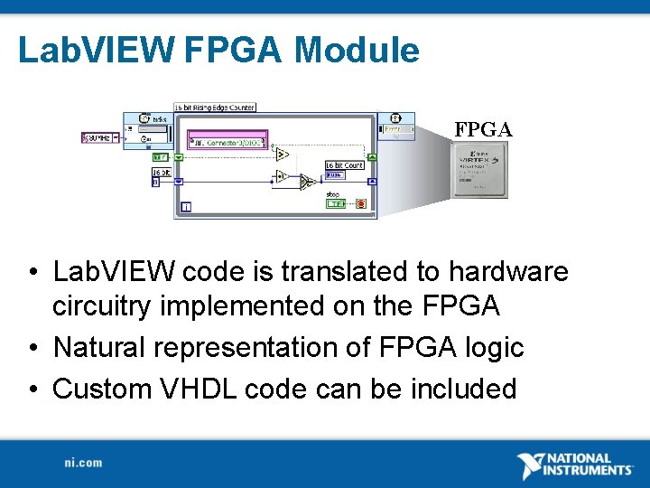Lab. VIEW FPGA Module FPGA • Lab. VIEW code is translated to hardware circuitry