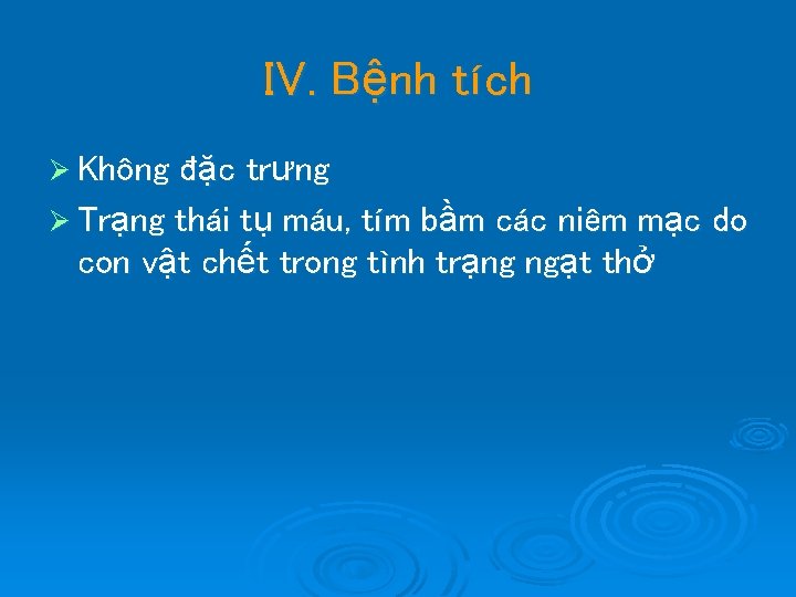 IV. Bệnh tích đặc trưng Ø Trạng thái tụ máu, tím bầm các niêm