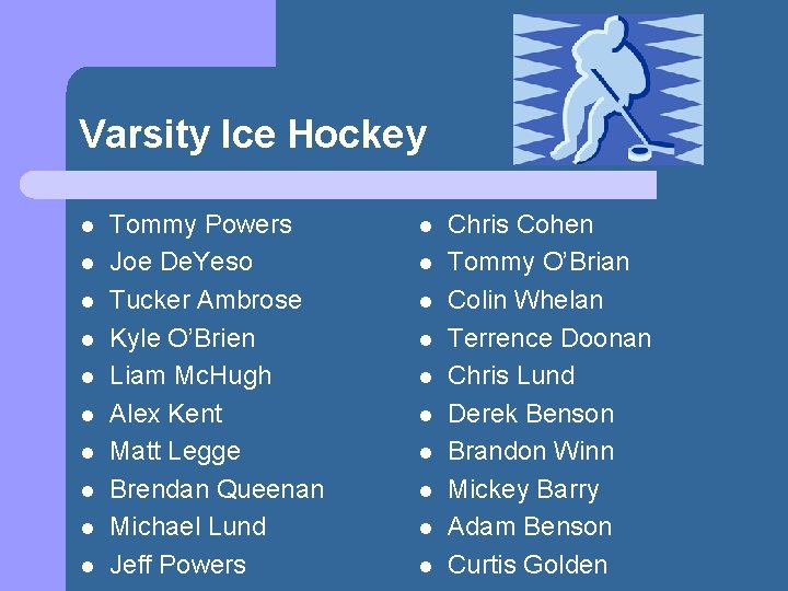 Varsity Ice Hockey l l l l l Tommy Powers Joe De. Yeso Tucker