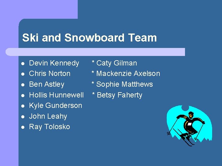 Ski and Snowboard Team l l l l Devin Kennedy Chris Norton Ben Astley