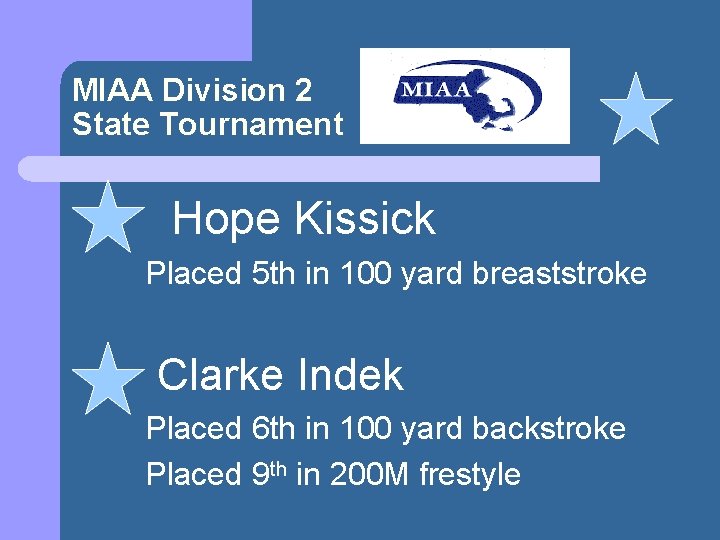 MIAA Division 2 State Tournament Hope Kissick Placed 5 th in 100 yard breaststroke
