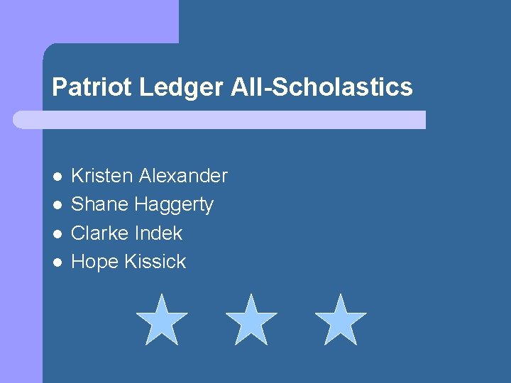 Patriot Ledger All-Scholastics l l Kristen Alexander Shane Haggerty Clarke Indek Hope Kissick 