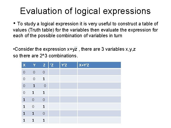 Evaluation of logical expressions • To study a logical expression it is very useful
