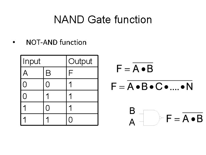 NAND Gate function • NOT-AND function Input A 0 0 1 1 B 0