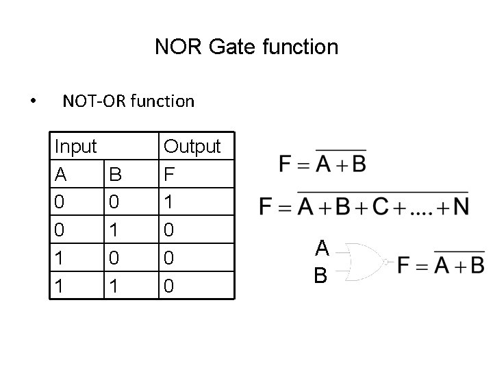 NOR Gate function • NOT-OR function Input A 0 0 1 1 B 0