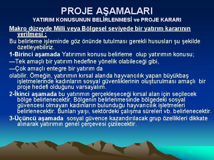 PROJE AŞAMALARI YATIRIM KONUSUNUN BELİRLENMESİ ve PROJE KARARI Makro düzeyde Milli veya Bölgesel seviyede