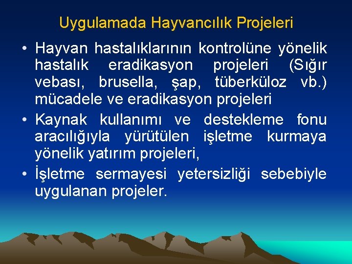 Uygulamada Hayvancılık Projeleri • Hayvan hastalıklarının kontrolüne yönelik hastalık eradikasyon projeleri (Sığır vebası, brusella,