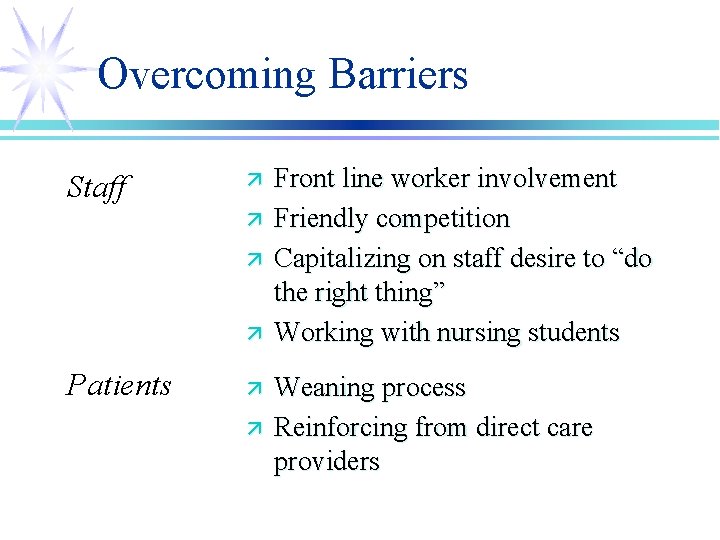 Overcoming Barriers Staff ä ä Patients ä ä Front line worker involvement Friendly competition