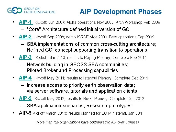 AIP Development Phases • AIP-1 Kickoff: Jun 2007; Alpha operations Nov 2007; Arch Workshop