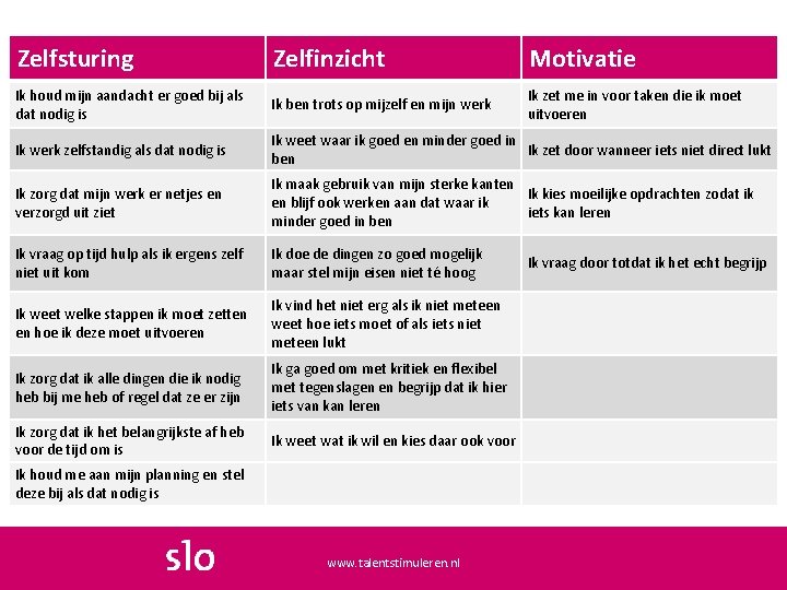 Zelfsturing Zelfinzicht Motivatie Ik houd mijn aandacht er goed bij als dat nodig is