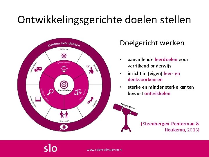 Ontwikkelingsgerichte doelen stellen Doelgericht werken • • • aanvullende leerdoelen voor verrijkend onderwijs inzicht