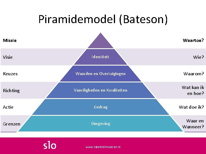 Piramidemodel (Bateson) Missie Visie Waartoe? Kern en Visie Identiteit Wie? Keuzes Waarden en Overtuigingen