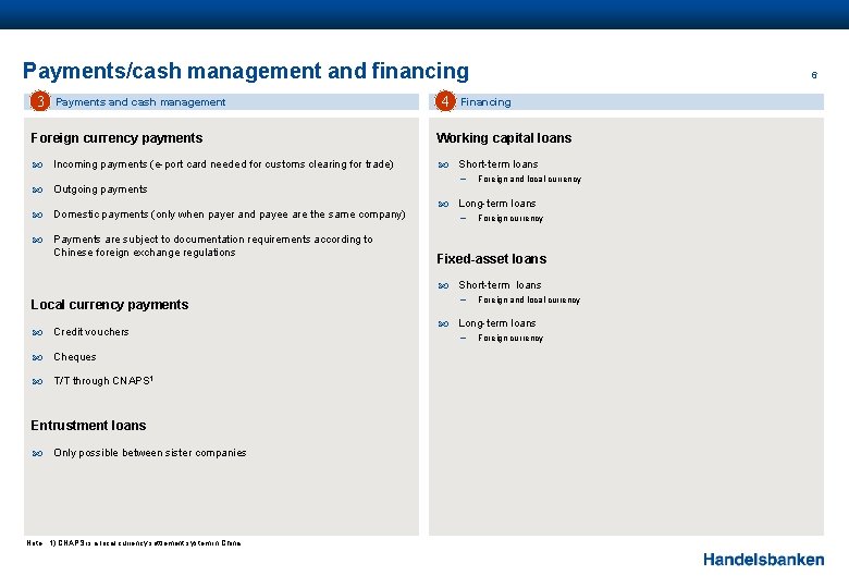 Payments/cash management and financing 3 Payments and cash management 4 6 Financing Foreign currency