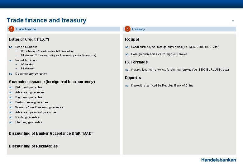 Trade finance and treasury 5 Trade finance 7 6 Treasury Letter of Credit (“L/C”)