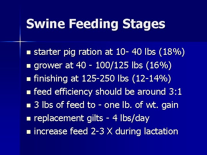 Swine Feeding Stages starter pig ration at 10 - 40 lbs (18%) n grower