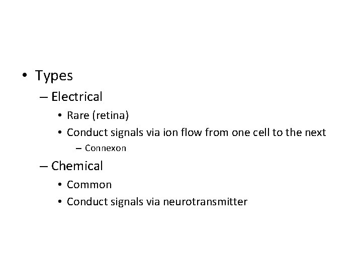  • Types – Electrical • Rare (retina) • Conduct signals via ion flow