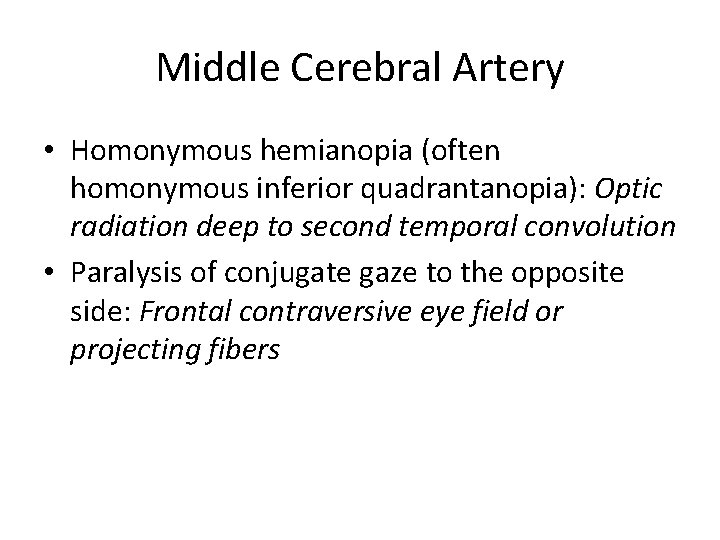 Middle Cerebral Artery • Homonymous hemianopia (often homonymous inferior quadrantanopia): Optic radiation deep to