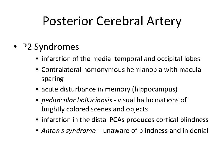 Posterior Cerebral Artery • P 2 Syndromes • infarction of the medial temporal and