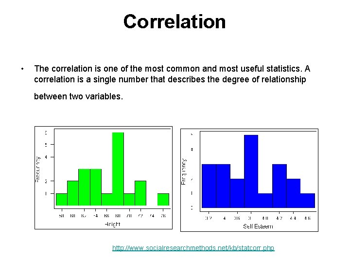 Correlation • The correlation is one of the most common and most useful statistics.