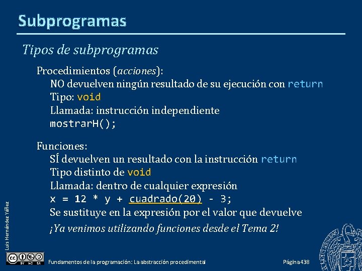 Subprogramas Tipos de subprogramas Luis Hernández Yáñez Procedimientos (acciones): NO devuelven ningún resultado de