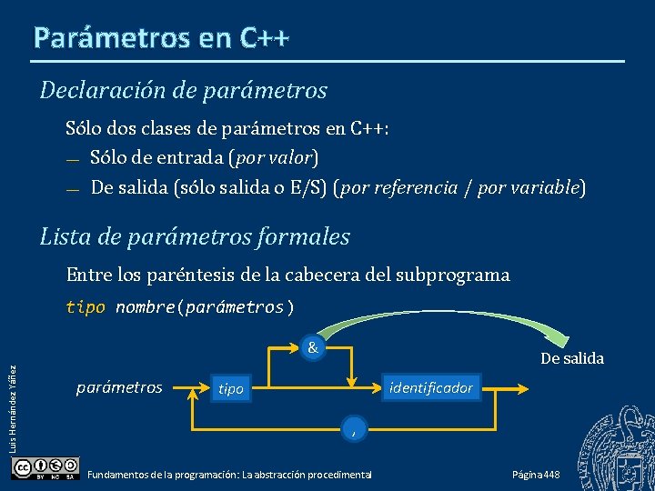 Parámetros en C++ Declaración de parámetros Sólo dos clases de parámetros en C++: —